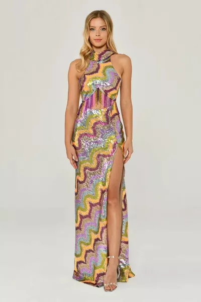 Alfa Beta Boyundan Bağlamalı payetli Mor Kadın Abiye 