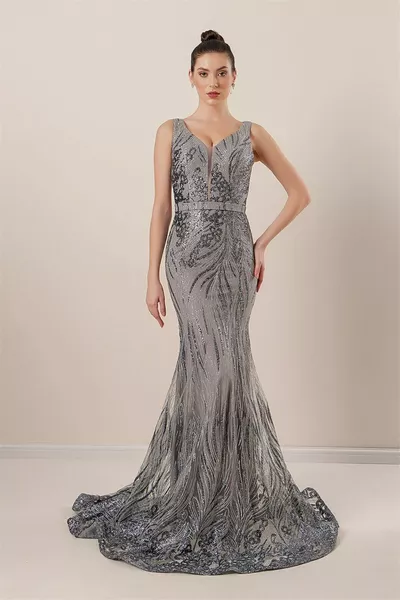 فستان طويل لامع مع أحزمة سميكة شبح تول مبطن رمادي