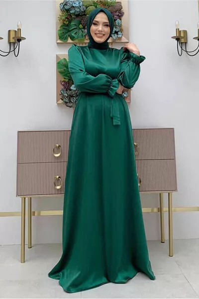 ABITO DA SERA DONNA IN RASO ELASTICIZZATO CON POLSINI CON CINTURA VERDE (SMERALDO) T 