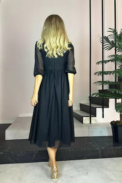  V-Neck Glitter Evening Dress Black