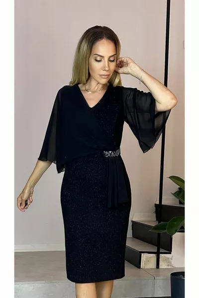  حجر مفصل الشيفون الأكمام مساء اللباس الأسود