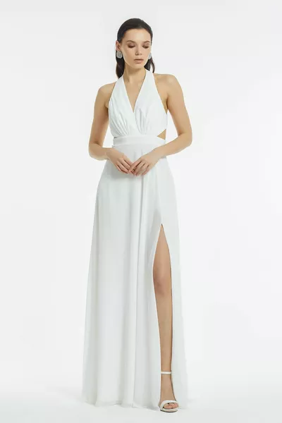 Жените врата вратовръзка дълга вечерна рокля  кост