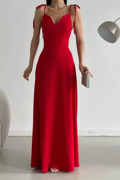 Strap Tie Heart Collar Abito Da Sera Lungo Rosso