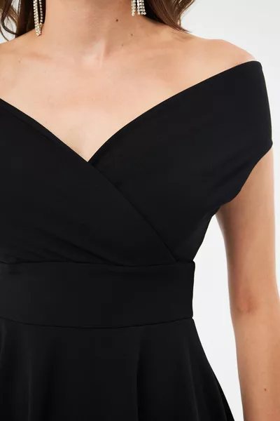 المرأة مرنة النسيج مزدوج الصدر طوق الجرس قطع أسود مساء اللباس أسود التخرج اللباس 