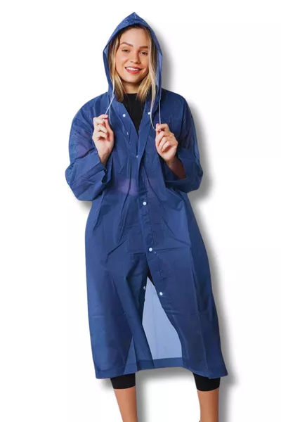 Impermeabile con cappuccio da donna e uomo, bottone a pressione, EVA blu scuro 