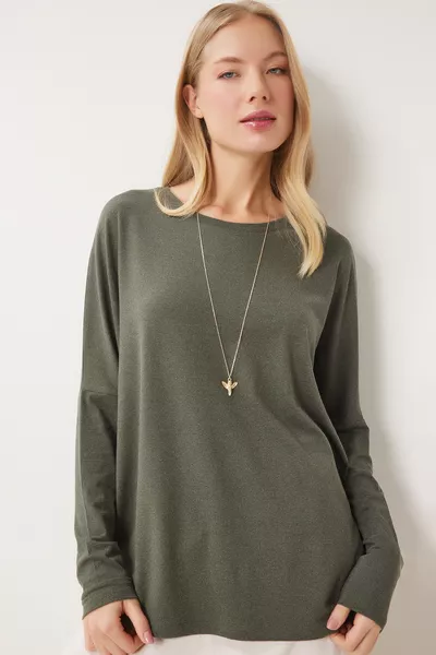 Kadın Haki Bisiklet Yaka Yarasa Kol Örme Bluz  