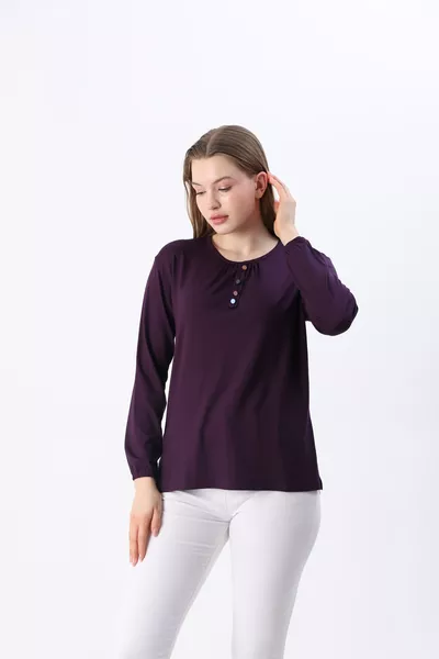 Женская футболка с лайкрой для женщин среднего возраста и старше на все сезоны, фиолетовая, с рисунком пуговиц, рукава на резинке