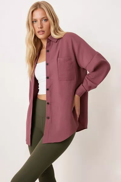 Damen Gülrosa Oversize Dünn Gerippte Samthemd mit Taschen 