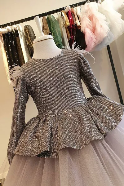 فستان فتيات بكامليكت من الكتف المزخرف بالريش والظهر المرصع بالترتر - فستان سهرة للأطفال - فستان سهرة للبنات - فستان تخرج للأطفال