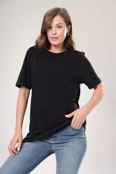 Super Qualität Damen % Baumwolle Schwarzes Rundhals-Oversize-Boyfriend-T-Shirt