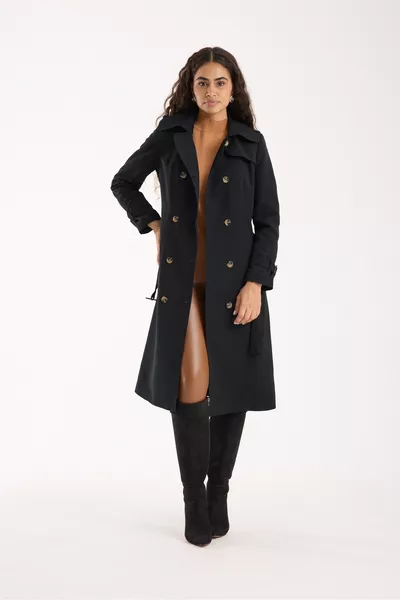 Women's Black Button Closure Lined Trench Coat with Water-Repellent Feature 