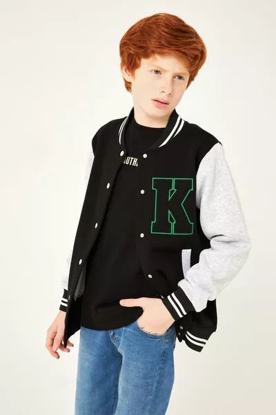 K Embroidery Detailed Boys' College Jacket Black