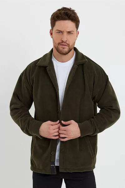 Cardigan polar kaki uomo oversize a taglio ampio, antivento e anti-pellicciamento con colletto, 