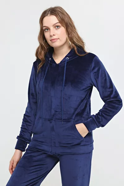 Dikke Fluwelen Trainingspak met Capuchon Donkerblauw