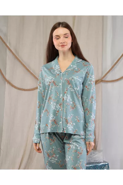 طقم بيجامة مزدوج بأكمام طويلة بنقشة الزهور الخضراء