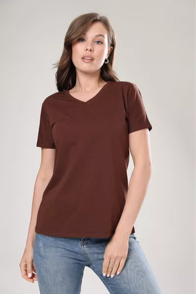 % Baumwolle, hochwertige Damen-Basic-T-Shirts mit V-Ausschnitt in Braun, gestricktes Baumwoll-Jersey-Shirt