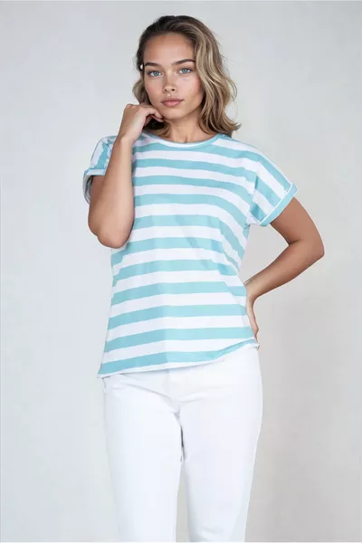  % Baumwolle Gestreiftes Damen-T-Shirt mit umgeschlagenem Ärmelabschluss - In verschiedenen Farben erhältlich