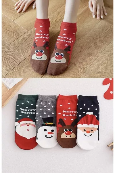 Dames Gekleurde Speciale Ontwerp Kerstpatroon Sloffen Sokken Set van 4 Paar