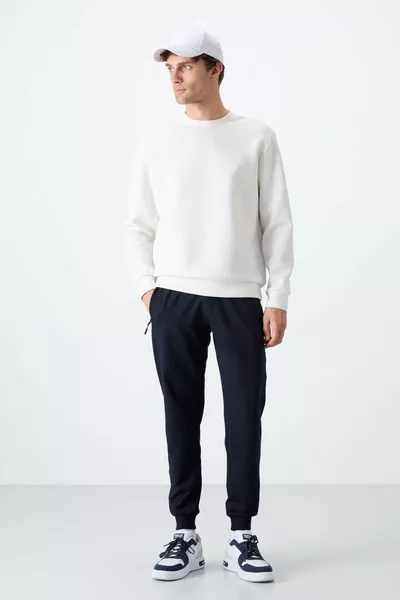 بنطال رياضي للجنس الذكور بتصميم عادي وجيوب بسوستة باللون الأزرق الداكن - 