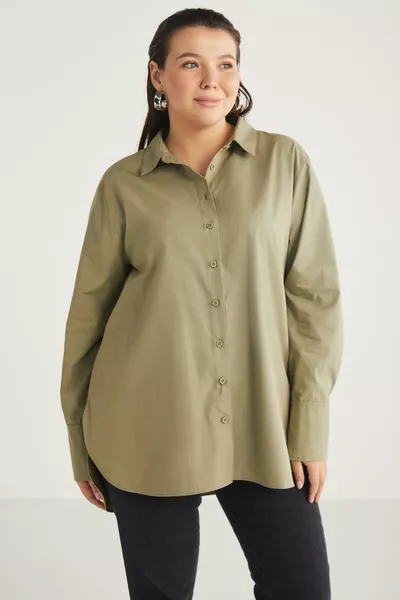 قميص نسائي من أماراب % قطن عضوي، بحجم واسع، من قماش البوبلين، بأكمام كبيرة ولون زيتي، مقاس كبير