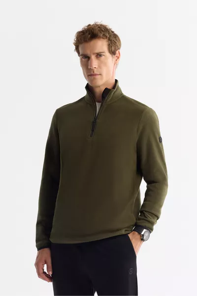 Men's Green Cold-Resistant Half-Zip High Collar Fleece Sweatshirt 