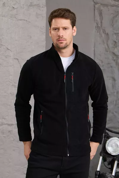 سترة رجالية شتوية بسحاب كامل من القماش القطني السميك بولار باللون الأسود