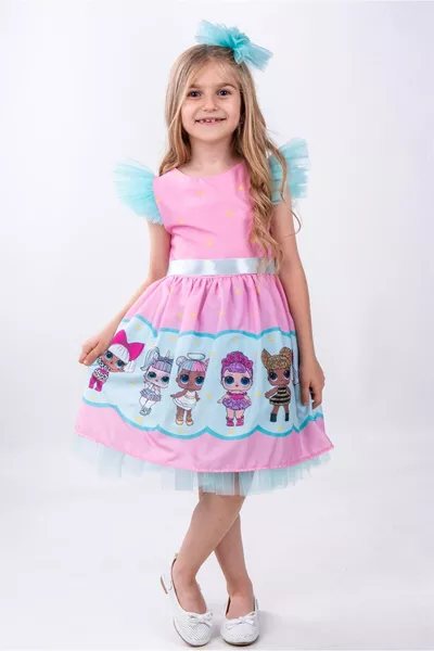 Pink Baby Patterned Tulle Detailed Girls' Party Dress