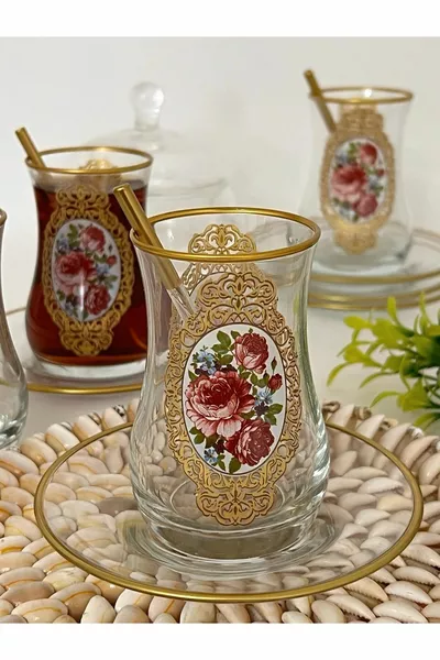Goldene nostalgische Glastasse mit Rosenmuster, Teller, 6-Personen-Teeset