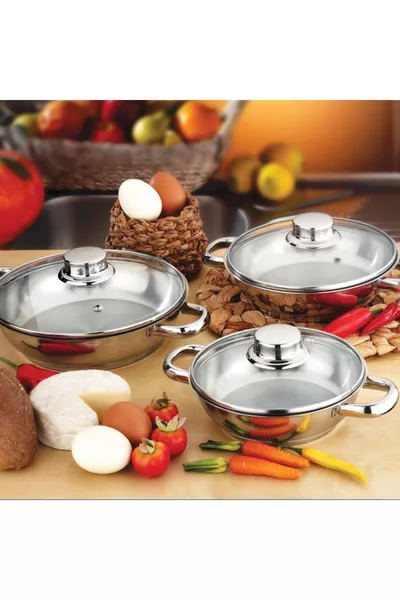 Set di 3 Omellette in Acciaio con Coperchio in Vetro