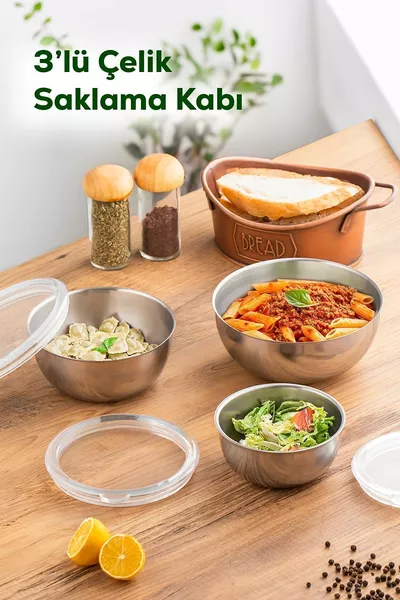 Parma 3-Piece Transparent Leak-Proof Lid Stainless Steel Mixing and Storage Bowl Set ( CM)