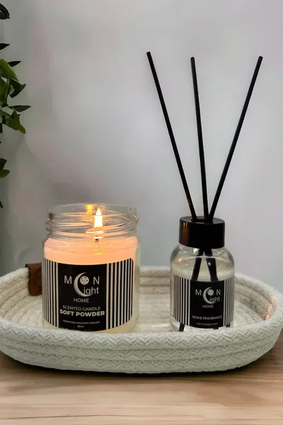 Geurstokjes poeder en geurkaars set met witte standaard