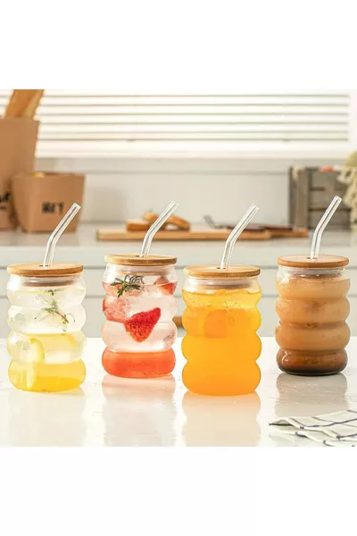 2 Pieces Heat-Resistant Glass Cups with Straws, Wooden Lids, Striped, Ribbed Design for Coffee or Juice