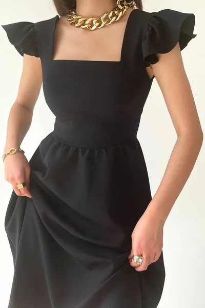 أطلس نسيج الأكمام مفصلة مربع الرقبة ميدي طول أسود مساء اللباس أسود فستان الخطوبة 