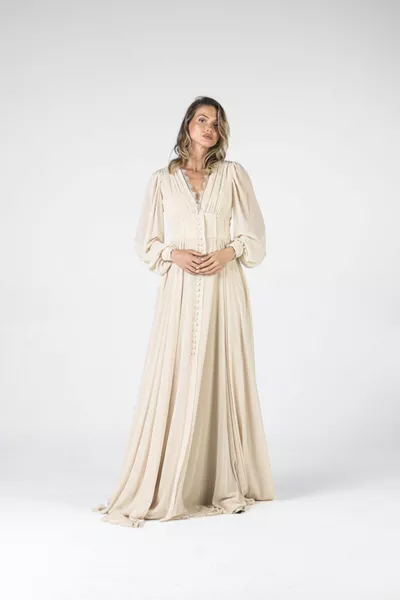 كم طويل أزرار البيج الشيفون مساء اللباس