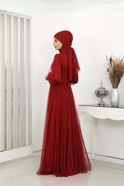 Bead Deyatlı aysima Hijab Evening Dress Red