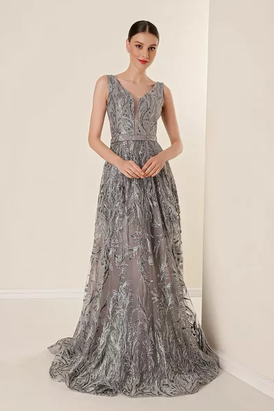 قطيع بريق مبطن فستان طويل مطبوع رمادي مع أحزمة سميكة