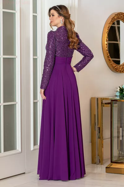 Pulpayet Detailed Chiffon Plus Size Arya Evening Dress - Purple