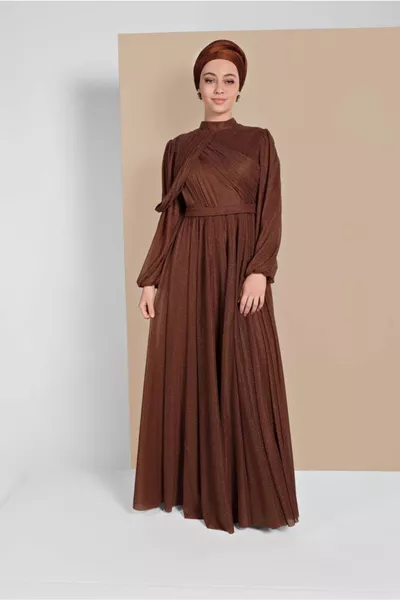 المرأة القهوة (KIREMİT) مطوي بريق مساء اللباس 