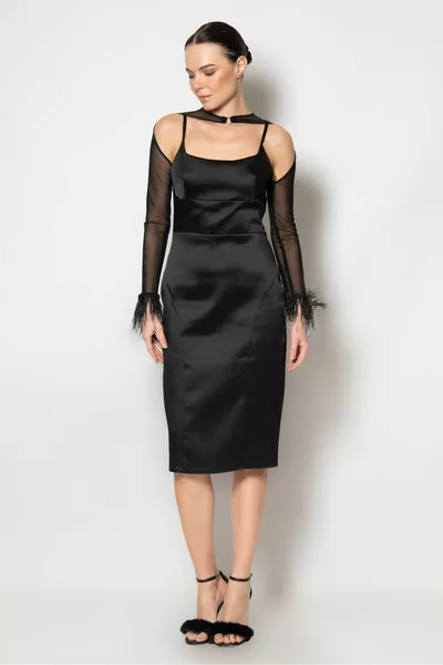 Satin midi length evening dress with feathered tulle bolero details at the cuffs