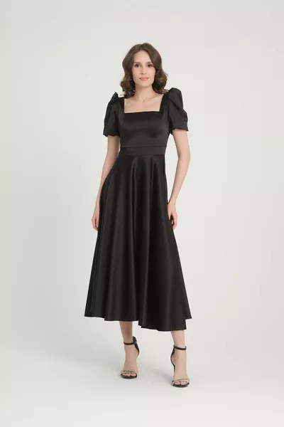 المرأة مربع خط العنق بالون الأكمام قصيرة متوسطة الطول اصطف الساتان فساتين السهرة المتوهجة