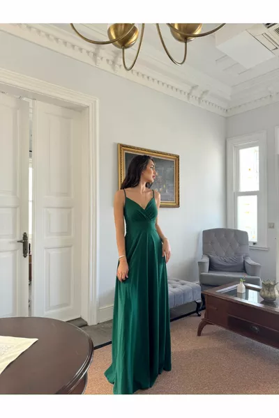 Talia İp Askı Kruvaze Yaka Yırtmaçlı Abiye YEŞİL