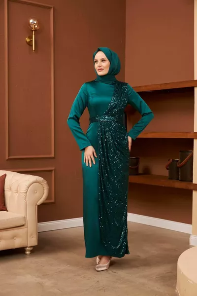 Abiti da sera in raso Nuray - Verde smeraldo