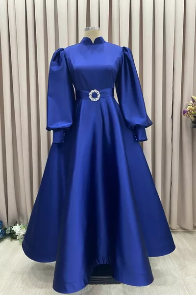 Balloon Sleeve Satin Fabric Stone Buckle Belt Mihra