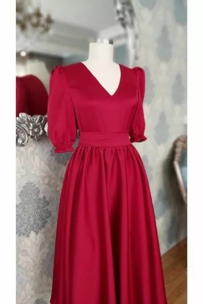 Midi Length Dress in Red Satin Fabric with Drawstring Watermelon Sleeves at the Waist