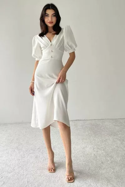 أطلس النسيج زر التفاصيل الخامس الرقبة قصيرة بالون الأكمام ميدي طول أبيض مساء اللباس 