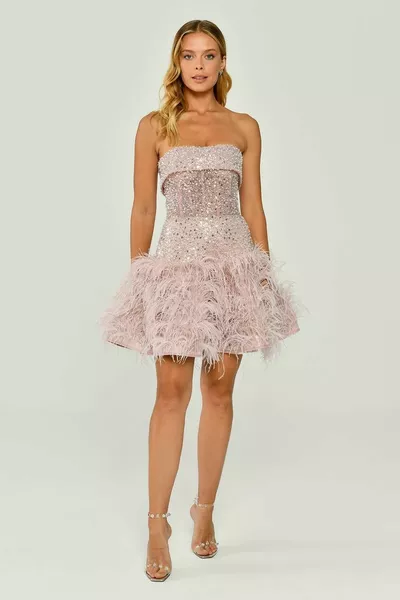 Short Evening Dress with Feathered Skirt Sequins