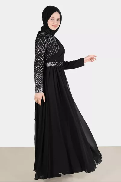 STONE DETAILED BELTED EVENING DRESS 