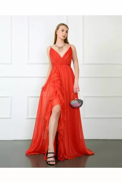 Ruffle Vliegwiel Gedetailleerde Split Strap Avondjurk