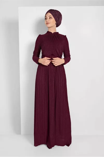 Abito da sera plissettato bordeaux glitter bordeaux da donna 