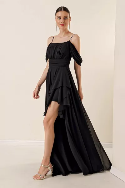 Long Chiffon Dress with Rope Straps, Low Sleeves, Draped Front, Flounced, Lined with Slits on the Front, Black